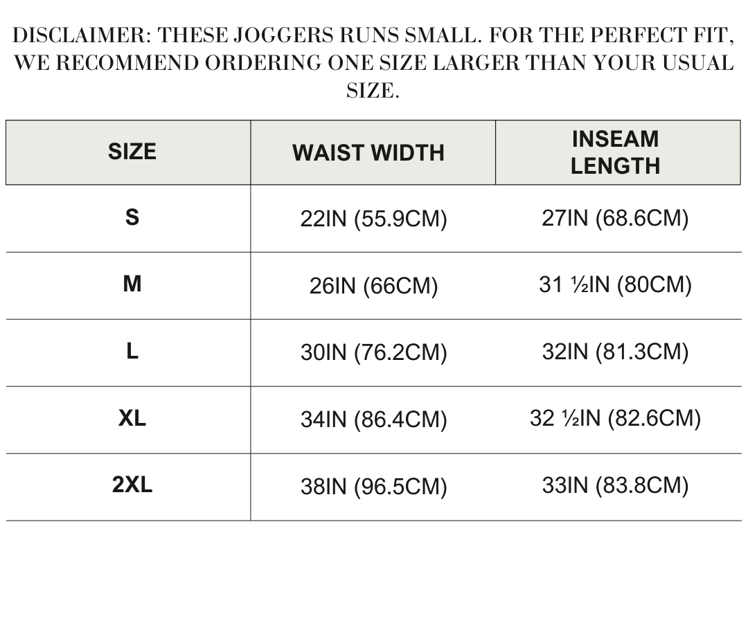 Jogger sizing chart