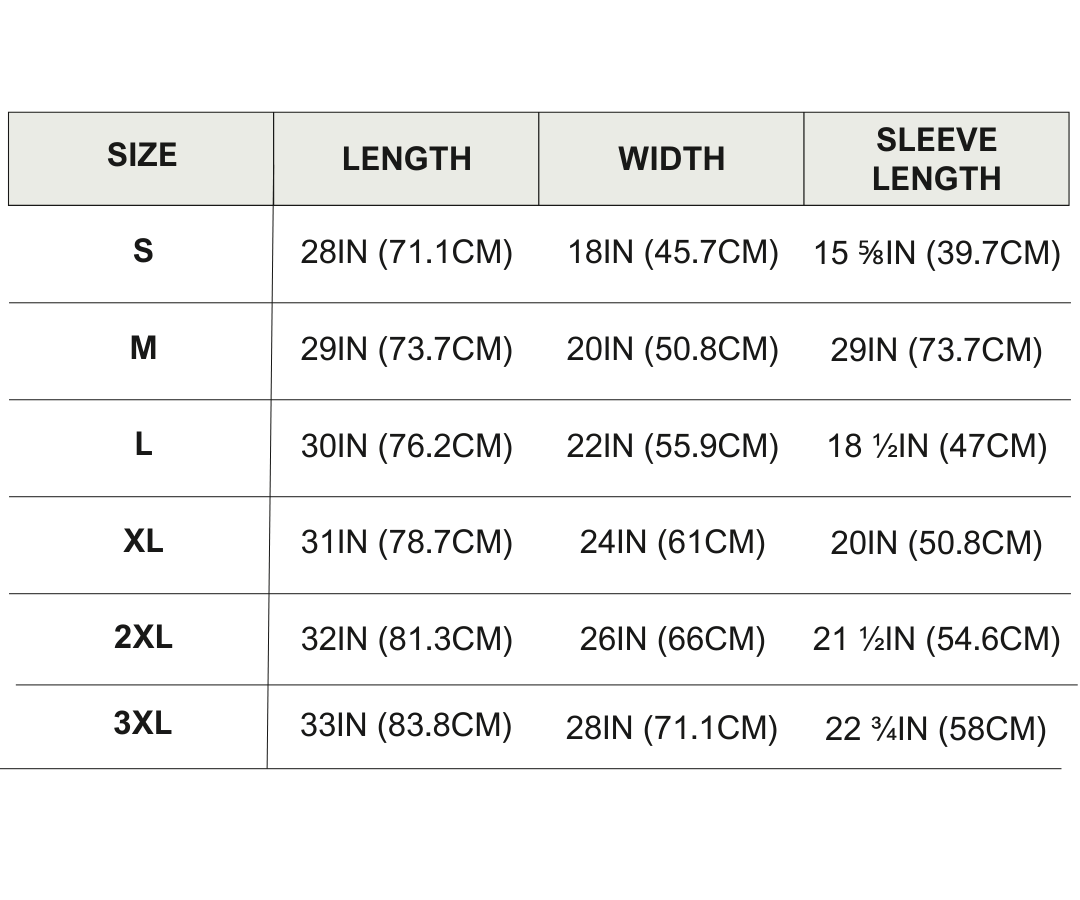 T-shirt sizing chart